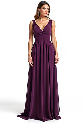 A Line Ruhced Purple Backless Long Mother of the Bride Dress