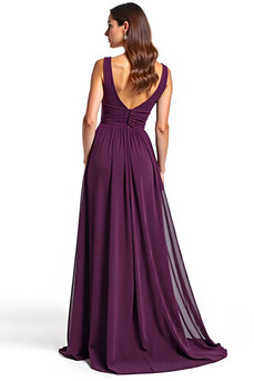 A Line Ruhced Purple Backless Long Mother of the Bride Dress