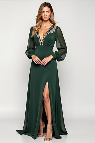 A Line Pine Deep V-Neck Long Mother of the Bride Dress with Slit