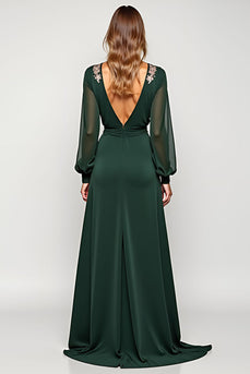 A Line Pine Deep V-Neck Long Mother of the Bride Dress with Slit