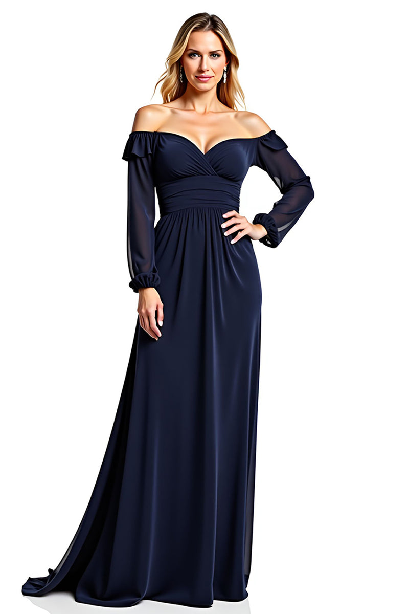 Load image into Gallery viewer, Navy Off the Shoulder Long Sleeves Mother of the Bride Dress