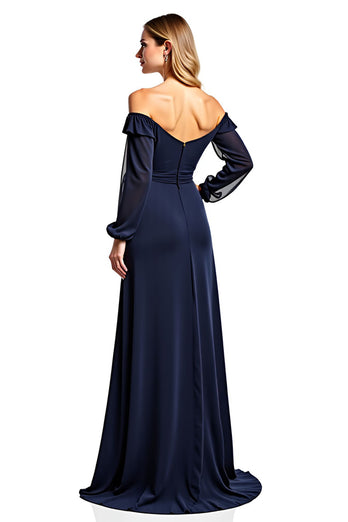 Navy Off the Shoulder Long Sleeves Mother of the Bride Dress