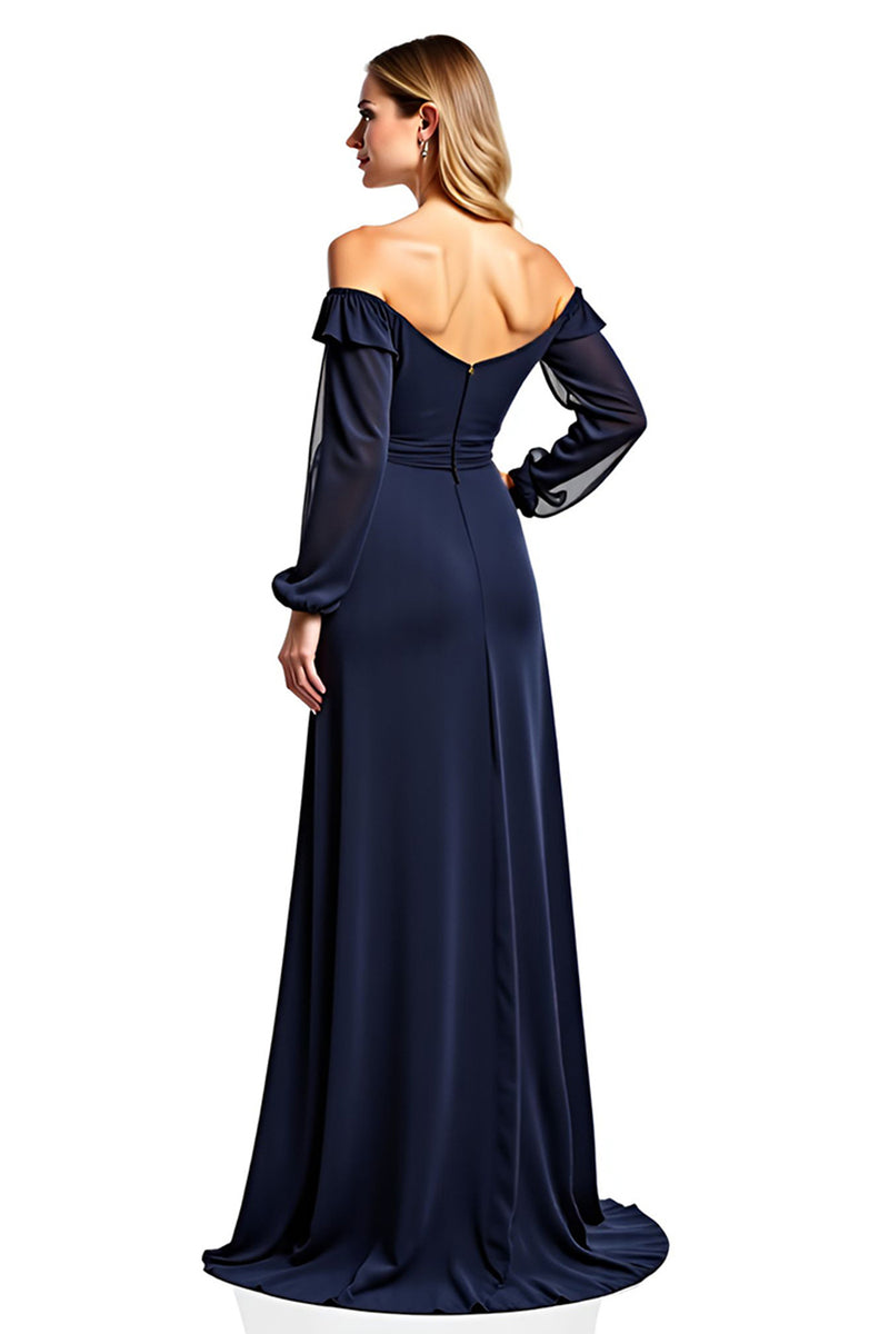 Load image into Gallery viewer, Navy Off the Shoulder Long Sleeves Mother of the Bride Dress