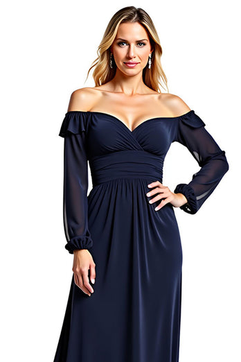 Navy Off the Shoulder Long Sleeves Mother of the Bride Dress