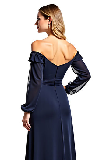 Navy Off the Shoulder Long Sleeves Mother of the Bride Dress