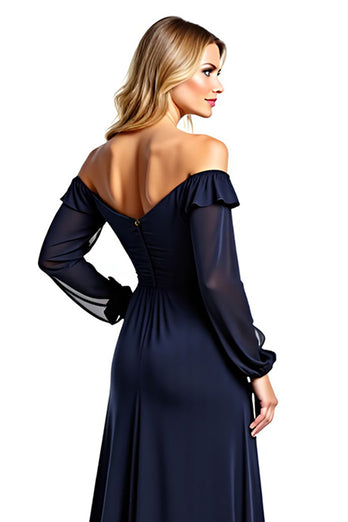 Navy Off the Shoulder Long Sleeves Mother of the Bride Dress