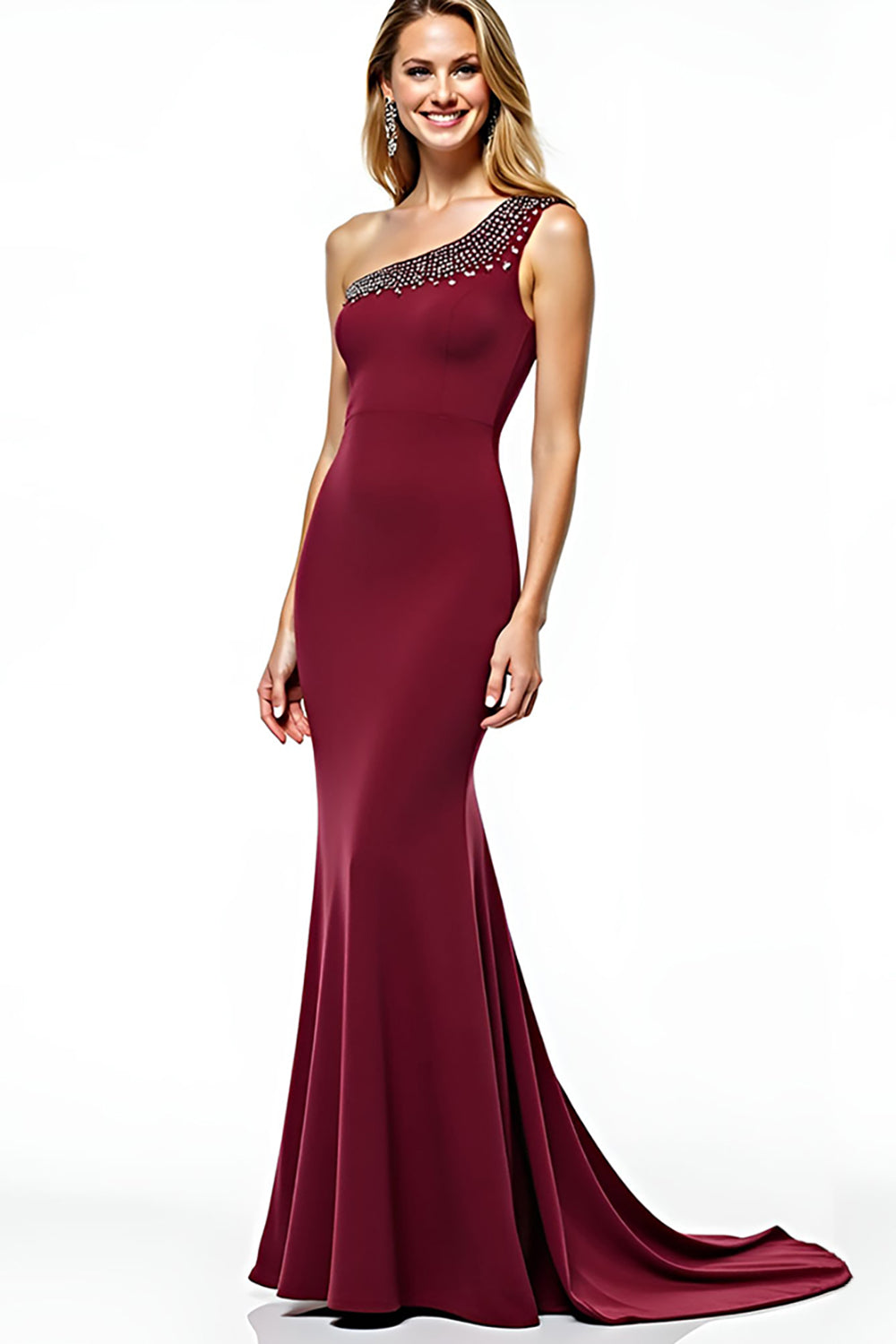 Burgundy One Shoulder Mermaid Long Mother of the Bride Dress