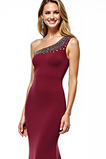 Burgundy One Shoulder Mermaid Long Mother of the Bride Dress