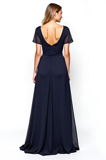 Navy Chiffon Square Neck Mother of the Bride Dress with Short Sleeves