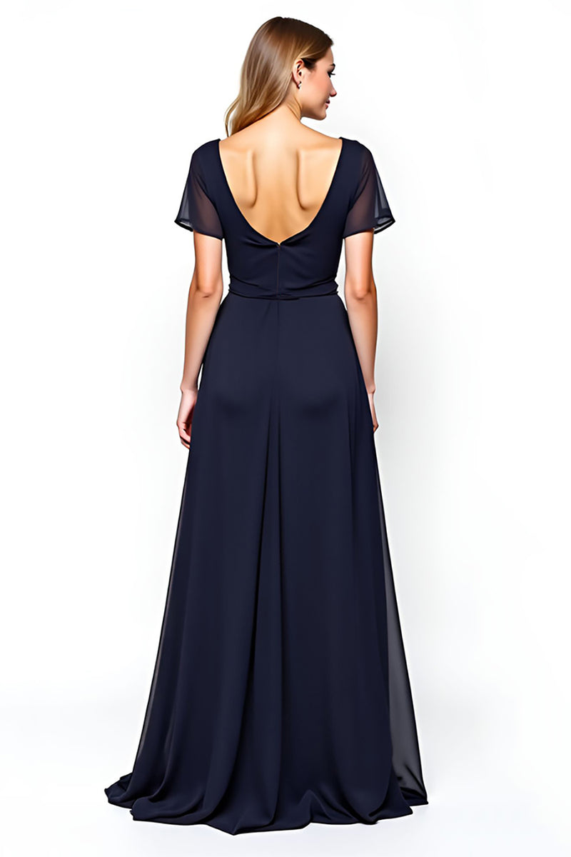 Load image into Gallery viewer, Navy Chiffon Square Neck Mother of the Bride Dress with Short Sleeves