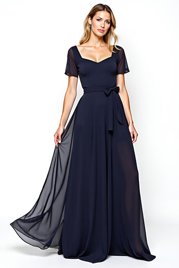 Navy Chiffon Square Neck Mother of the Bride Dress with Short Sleeves