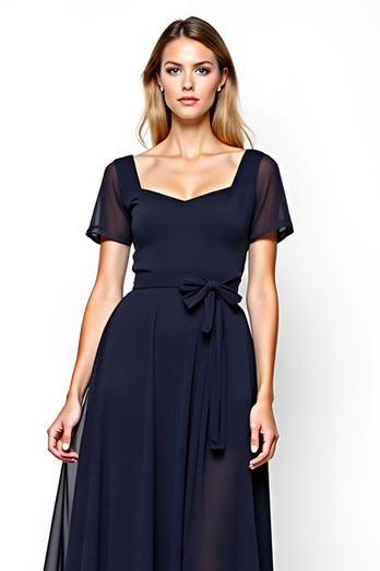 Navy Chiffon Square Neck Mother of the Bride Dress with Short Sleeves