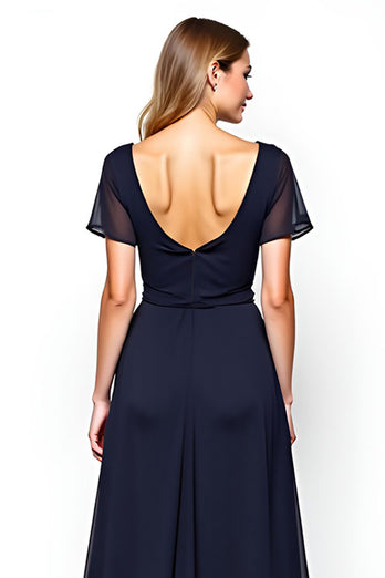 Navy Chiffon Square Neck Mother of the Bride Dress with Short Sleeves