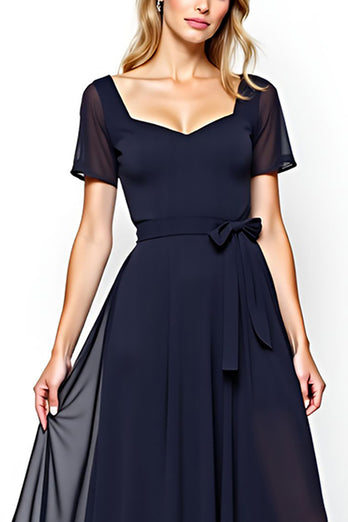 Navy Chiffon Square Neck Mother of the Bride Dress with Short Sleeves