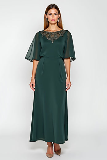 Pine Chiffon Scoop Neck Mother of the Bride Dress with Short Sleeves