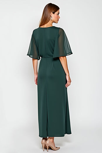 Pine Chiffon Scoop Neck Mother of the Bride Dress with Short Sleeves