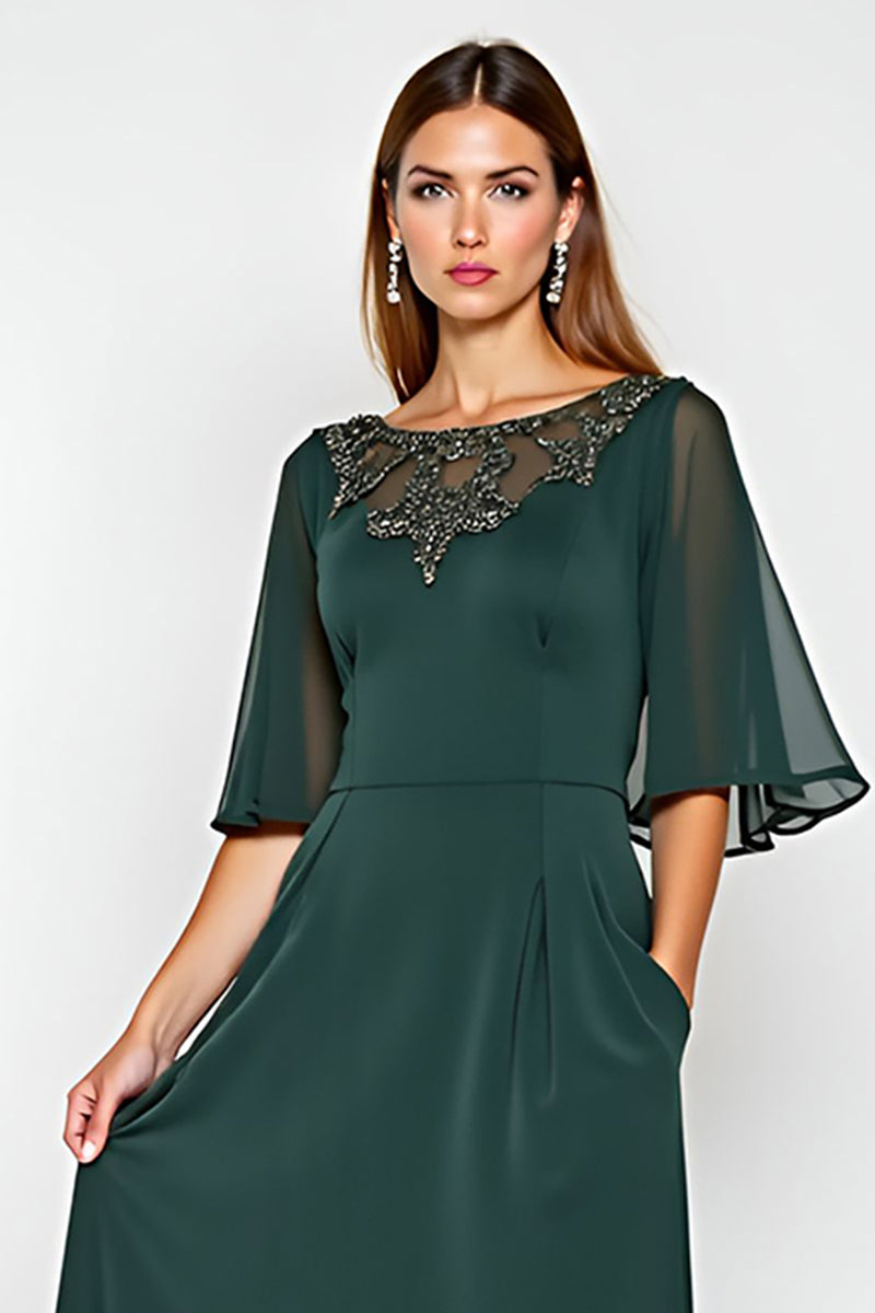 Load image into Gallery viewer, Pine Chiffon Scoop Neck Mother of the Bride Dress with Short Sleeves