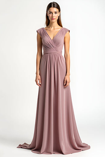 Dusty Rose Chiffon V-Neck Long Ruched Mother of the Bride Dress