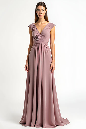 Dusty Rose Chiffon V-Neck Long Ruched Mother of the Bride Dress