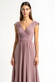 Dusty Rose Chiffon V-Neck Long Ruched Mother of the Bride Dress