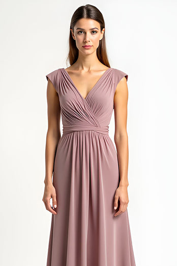 Dusty Rose Chiffon V-Neck Long Ruched Mother of the Bride Dress