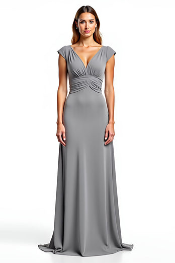 Sliver Chiffon V-Neck Long Ruched Mother of the Bride Dress