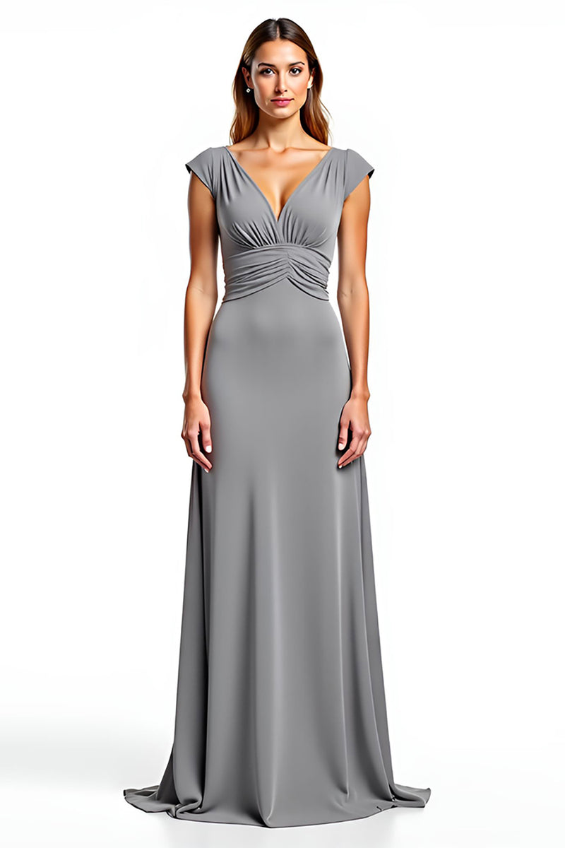 Load image into Gallery viewer, Sliver Chiffon V-Neck Long Ruched Mother of the Bride Dress