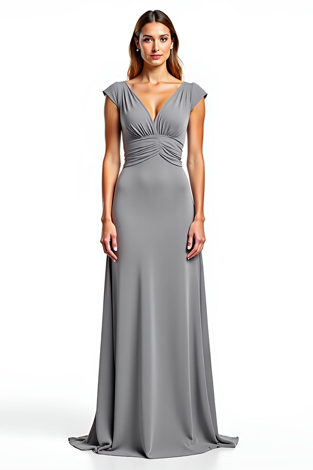 Sliver Chiffon V-Neck Long Ruched Mother of the Bride Dress