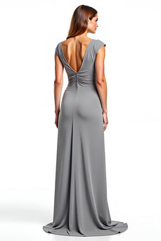 Sliver Chiffon V-Neck Long Ruched Mother of the Bride Dress