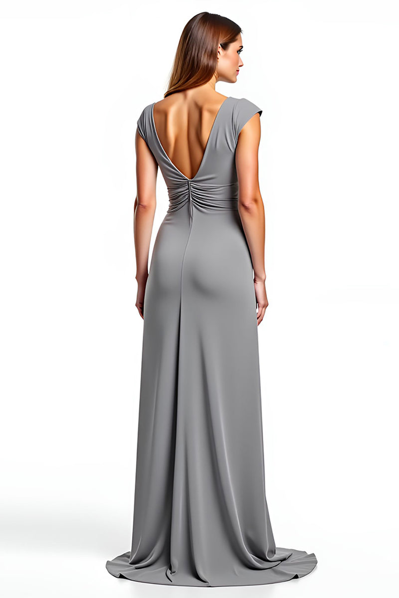 Load image into Gallery viewer, Sliver Chiffon V-Neck Long Ruched Mother of the Bride Dress