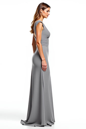 Sliver Chiffon V-Neck Long Ruched Mother of the Bride Dress