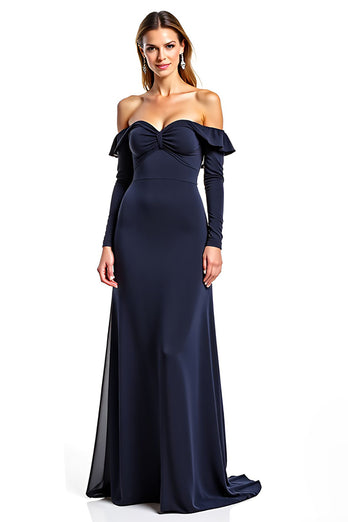 Navy Sweetheart Long Sleeves Mother of the Bride Dress with Ruffles