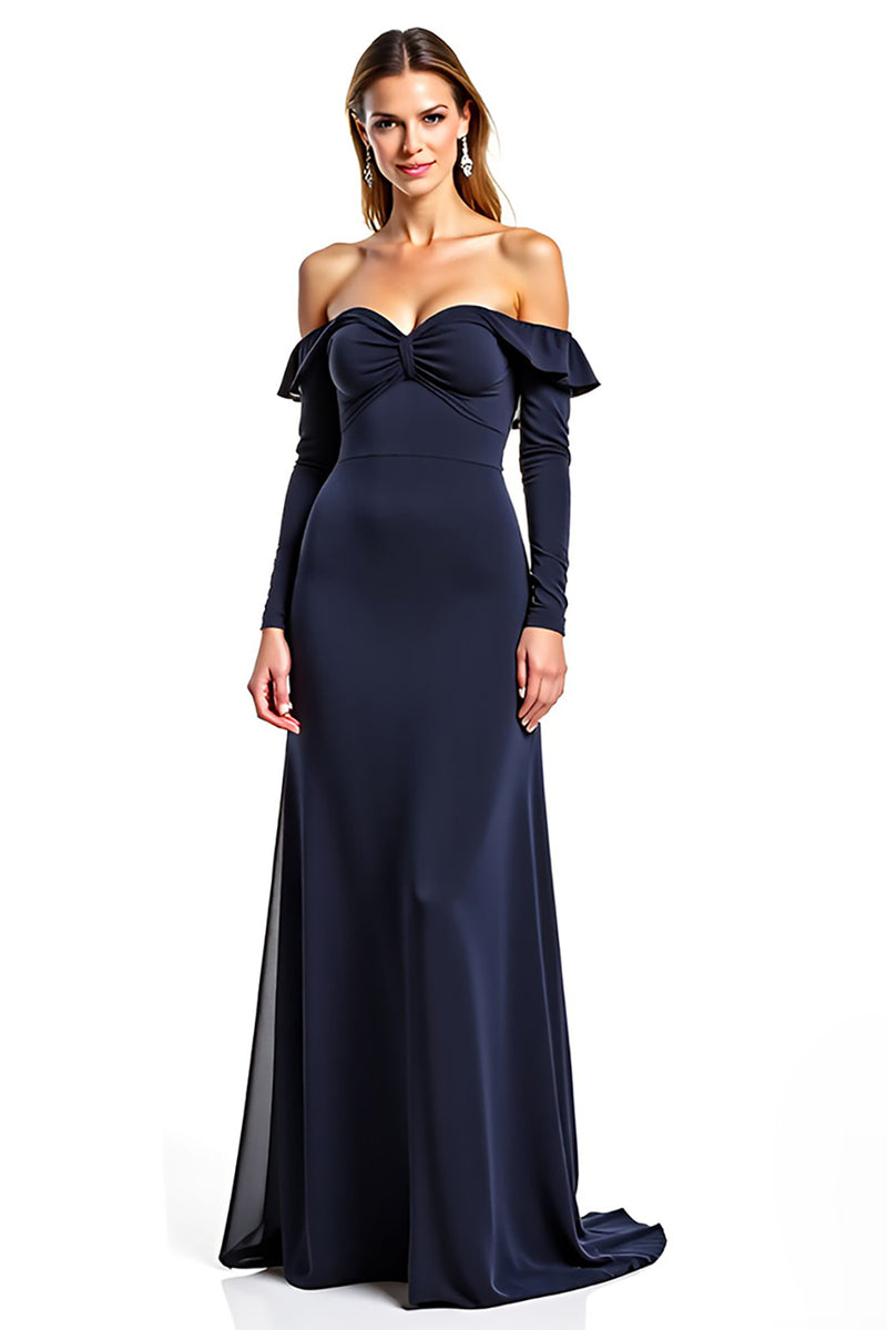 Load image into Gallery viewer, Navy Sweetheart Long Sleeves Mother of the Bride Dress with Ruffles