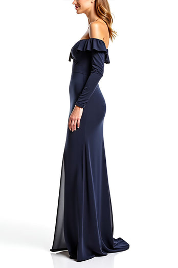 Navy Sweetheart Long Sleeves Mother of the Bride Dress with Ruffles