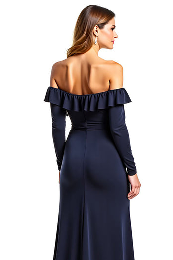 Navy Sweetheart Long Sleeves Mother of the Bride Dress with Ruffles