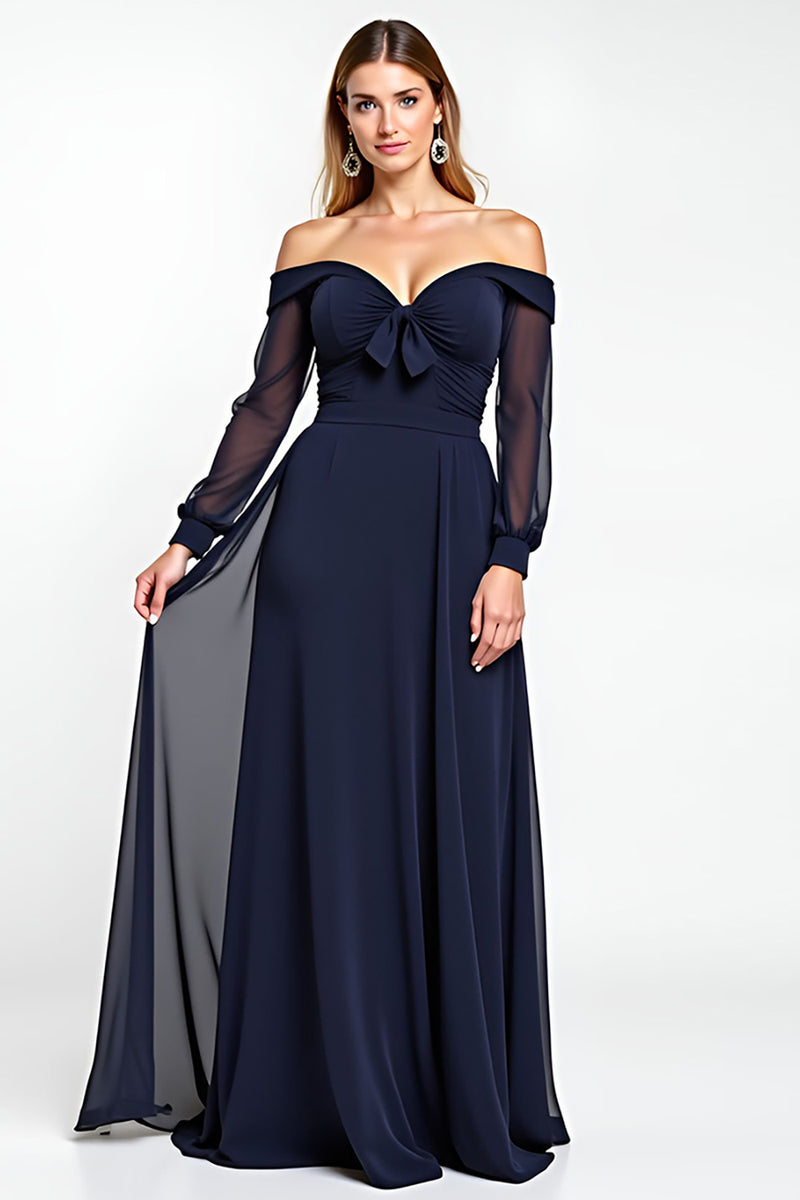 Load image into Gallery viewer, Navy Off the Shoulder Long Sleeves Chiffon Mother of the Bride Dress with Bowknot