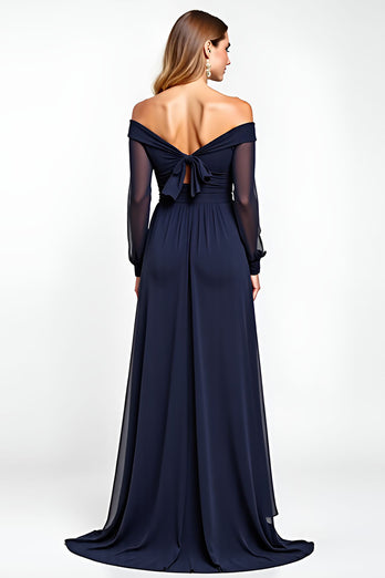 Navy Off the Shoulder Long Sleeves Chiffon Mother of the Bride Dress with Bowknot