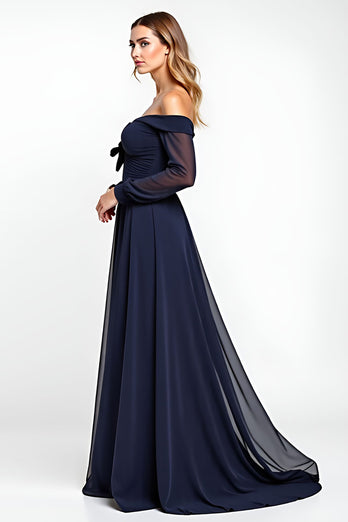 Navy Off the Shoulder Long Sleeves Chiffon Mother of the Bride Dress with Bowknot