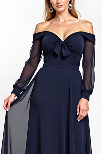 Navy Off the Shoulder Long Sleeves Chiffon Mother of the Bride Dress with Bowknot