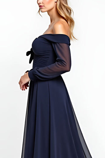 Navy Off the Shoulder Long Sleeves Chiffon Mother of the Bride Dress with Bowknot