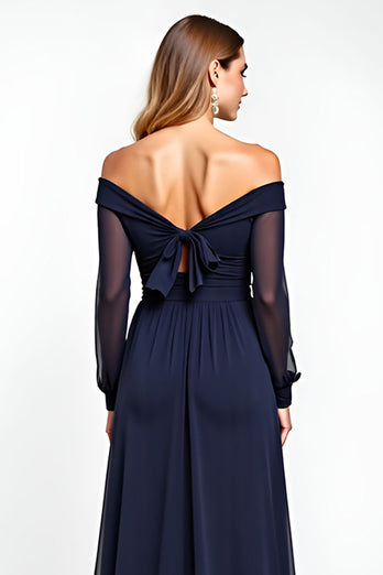 Navy Off the Shoulder Long Sleeves Chiffon Mother of the Bride Dress with Bowknot