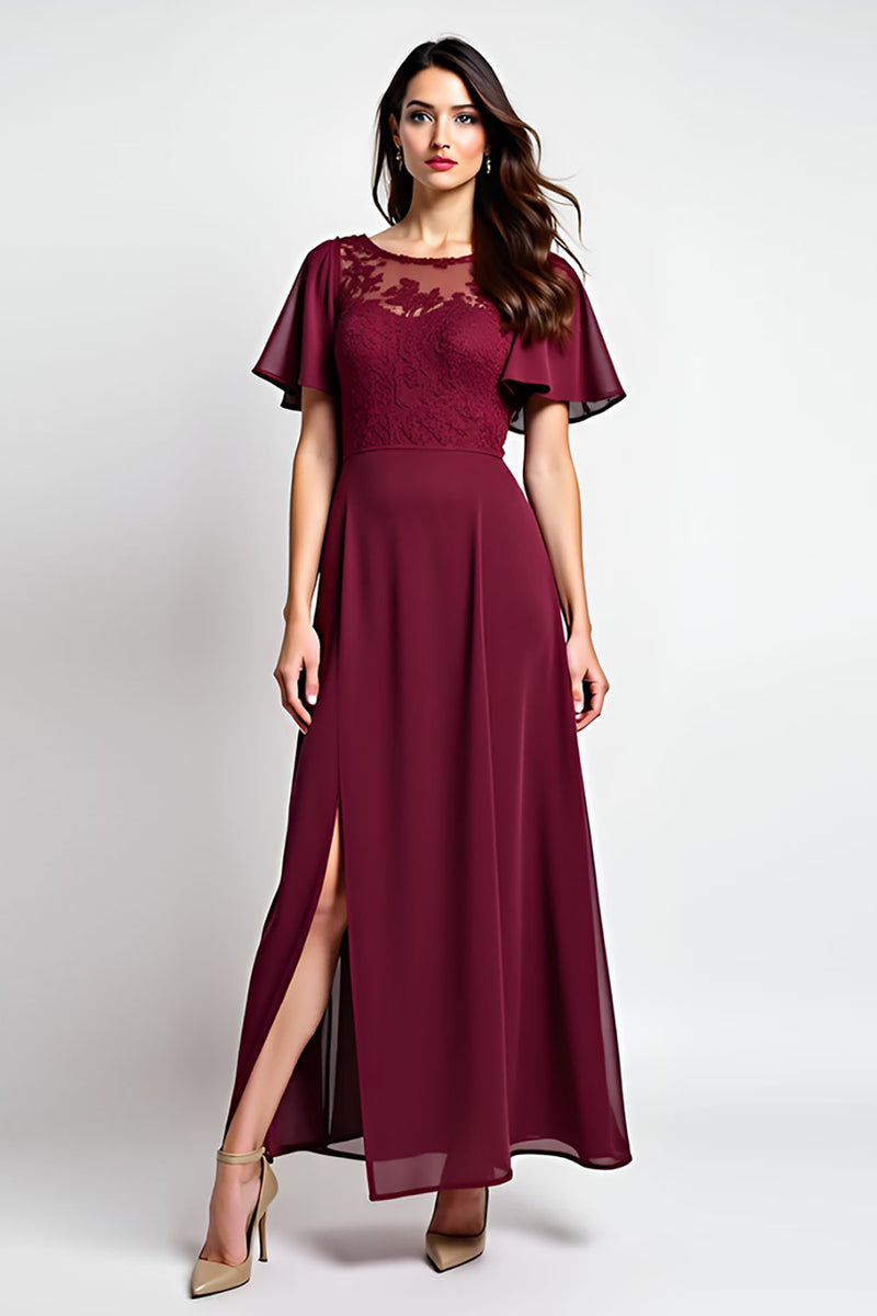 Load image into Gallery viewer, Burgundy A Line Scoop Neck Long Mother of the Bride Dress with Appliques