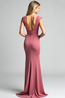 Desert Rose Mermaid V-Neck Long Ruched Mother of the Bride Dress