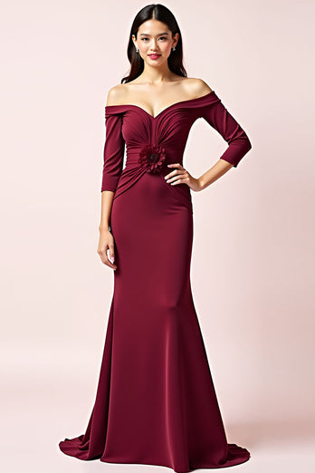 Burgundy Off the Shoulder Long Sleeves Ruched Mother of the Bride Dress