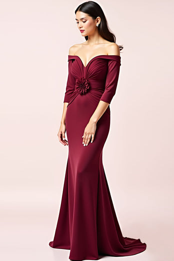 Burgundy Off the Shoulder Long Sleeves Ruched Mother of the Bride Dress