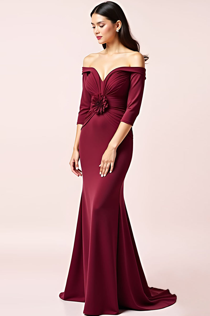 Load image into Gallery viewer, Burgundy Off the Shoulder Long Sleeves Ruched Mother of the Bride Dress