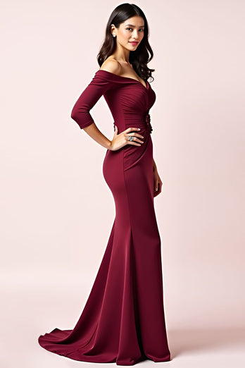 Burgundy Off the Shoulder Long Sleeves Ruched Mother of the Bride Dress