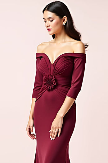 Burgundy Off the Shoulder Long Sleeves Ruched Mother of the Bride Dress