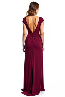 Burgundy V-Neck Ruched Long Mother of the Bride Dress with Slit