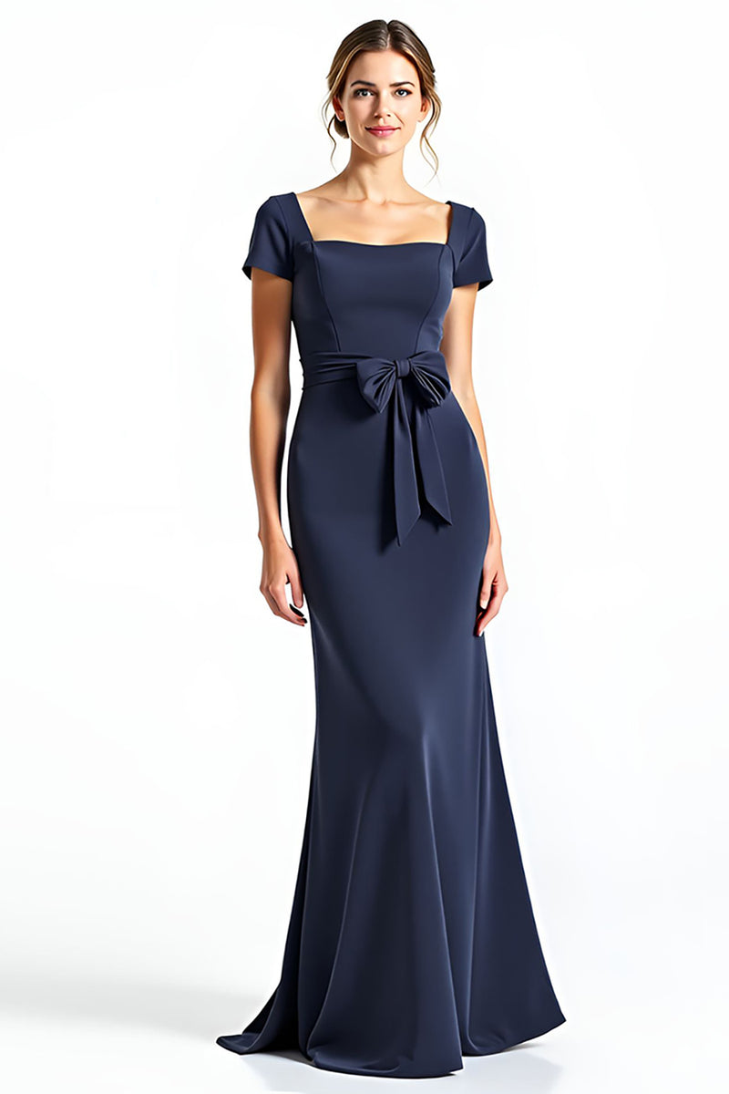 Load image into Gallery viewer, Navy Square Neck Long Mother of the Bride Dress with Bowknot